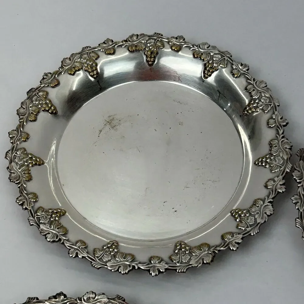 Silver Plated Beverage Coaster Set Of 4 Grapes Ornate Decor Drinks Trinket Bar